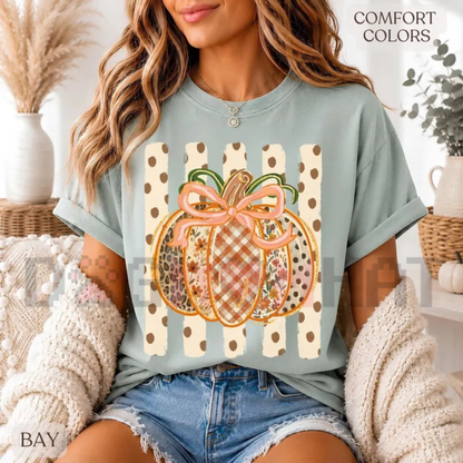 Patchwork Pumpkin Preppy Fall Graphic T-Shirt