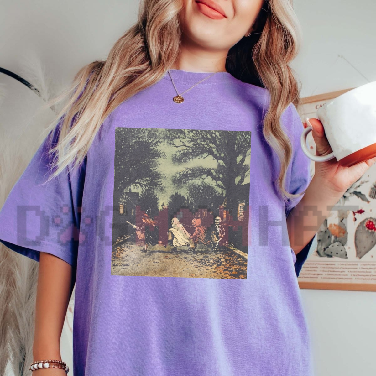 "Vintage Gothic Witch Skeleton & Ghost Pumpkin" Dark Fantasy T-Shirt