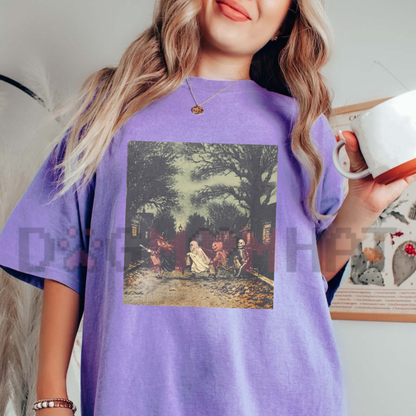 "Vintage Gothic Witch Skeleton & Ghost Pumpkin" Dark Fantasy T-Shirt