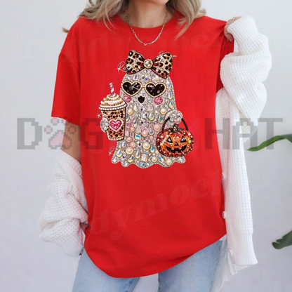 Ghost Bow Coffee Pumpkin Autumn Graphic T-Shirt