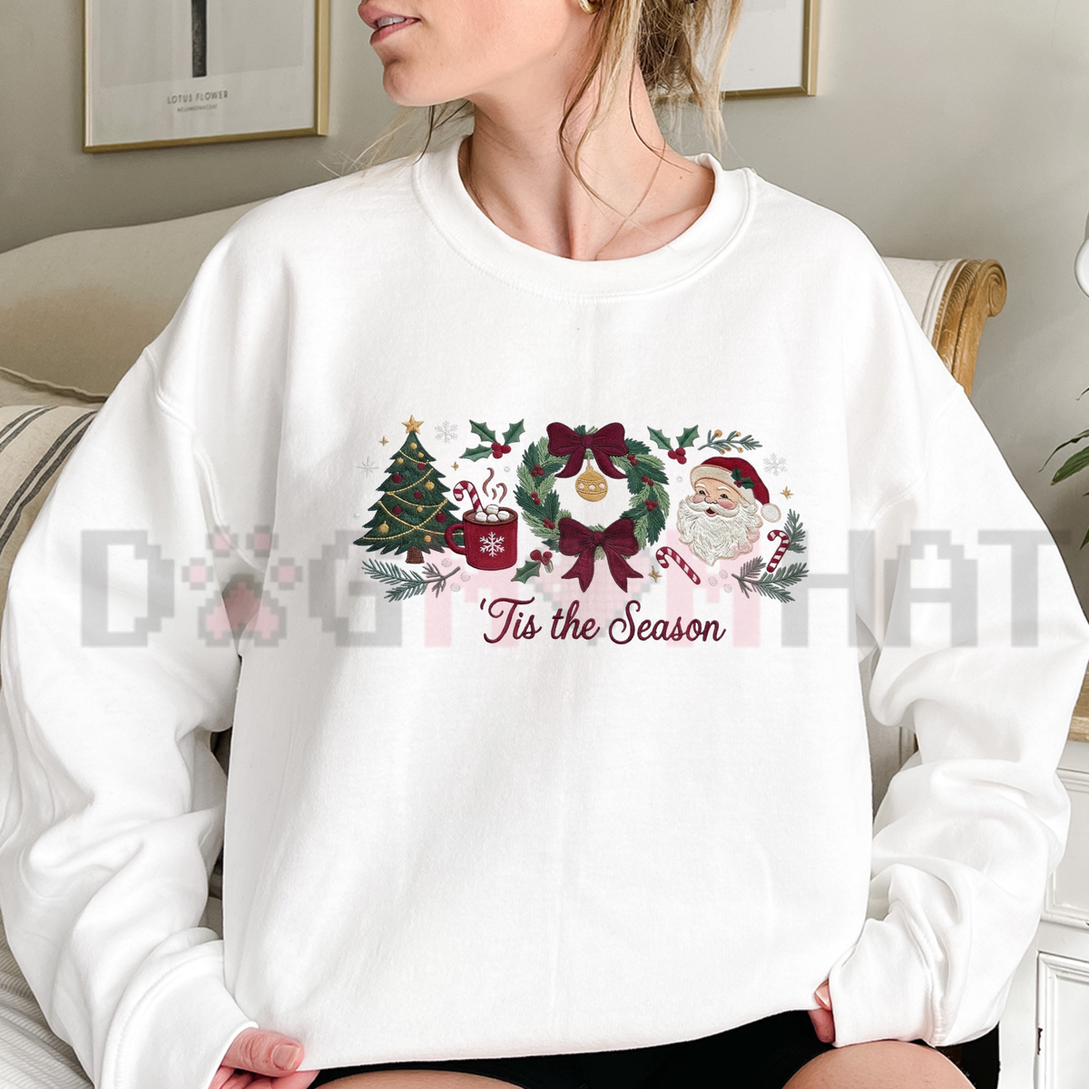 Festive Friction Sweatshirt – Christmas Gingham "Tis The Season" Embroidered Holiday Graphic Crewneck