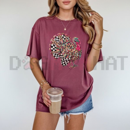 Festive Friction Tee – Leopard & Checkered Turkey Fall Graphic T-Shirt