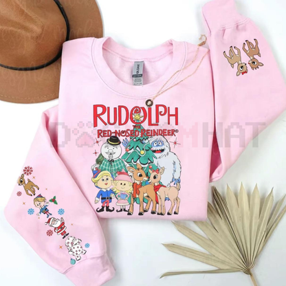 Nostalgic Rudolph Reindeer Crewneck – Unisex Christmas Jumper with Unique Sleeve Graphic
