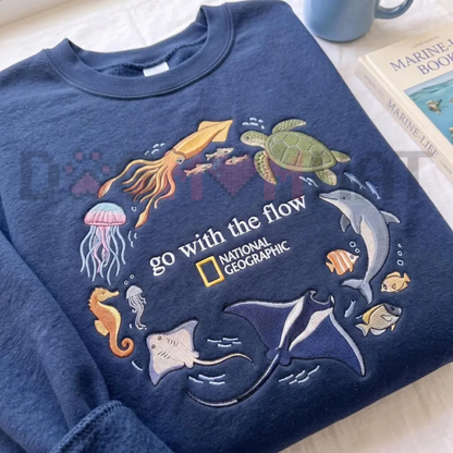 "Go With The Flow Marine Life" Embroidered Graphic Sweatshirt