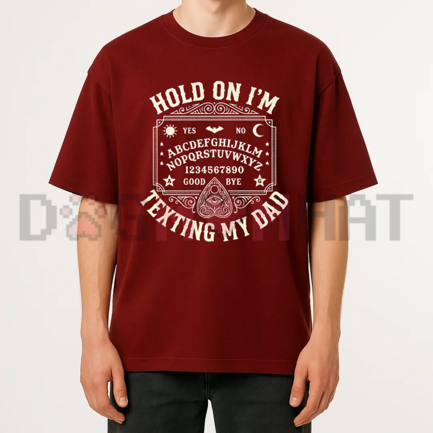 Texting My Dad Ouija Board Graphic Tee - Funny Retro Dark Humor Father's Day Cotton Unisex T-Shirt
