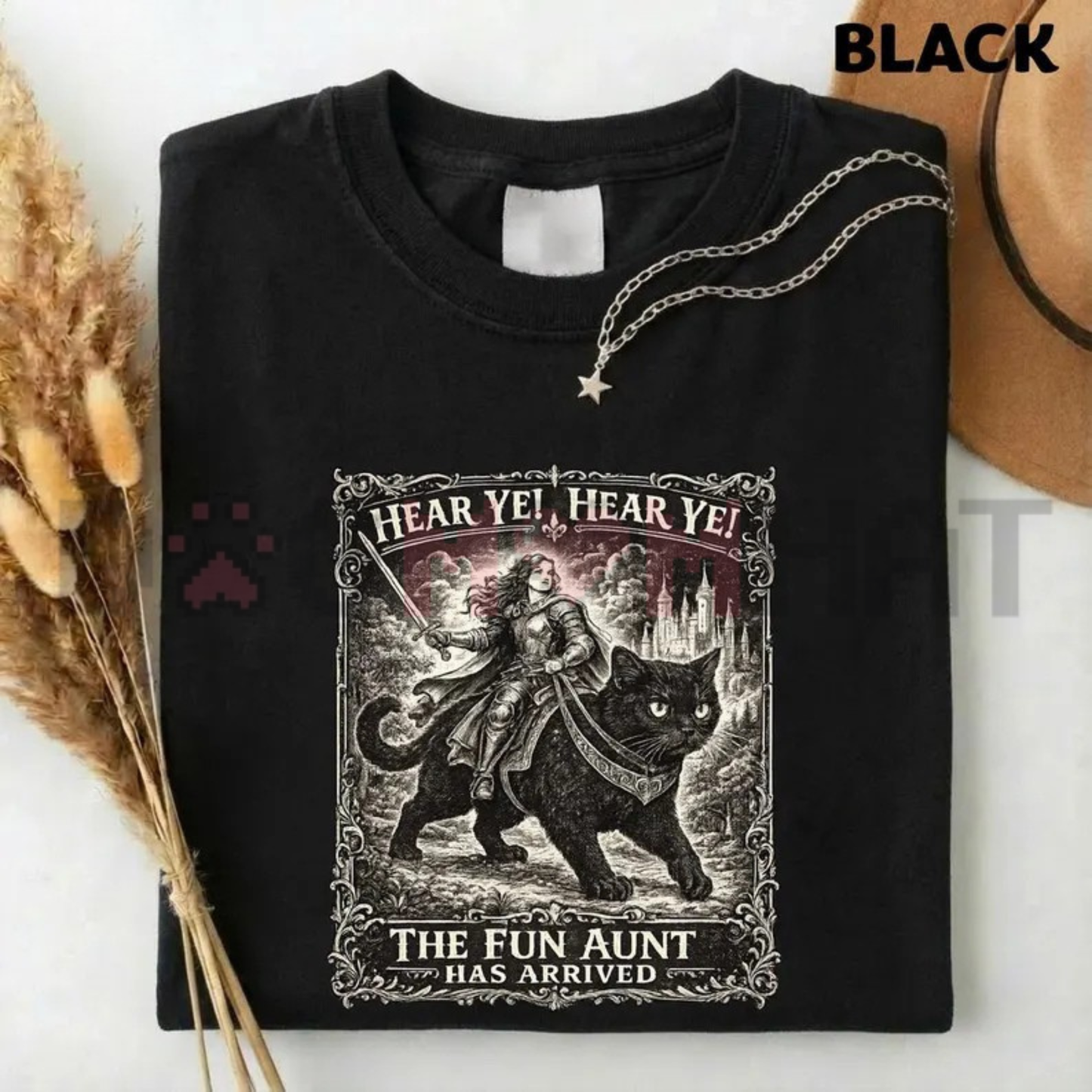 Hear Ye The Fun Aunt Has Arrived Graphic Tee - Funny Knight Riding Black Cat Cotton Unisex T-Shirt
