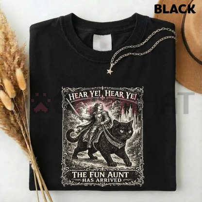 Hear Ye The Fun Aunt Has Arrived Graphic Tee - Funny Knight Riding Black Cat Cotton Unisex T-Shirt