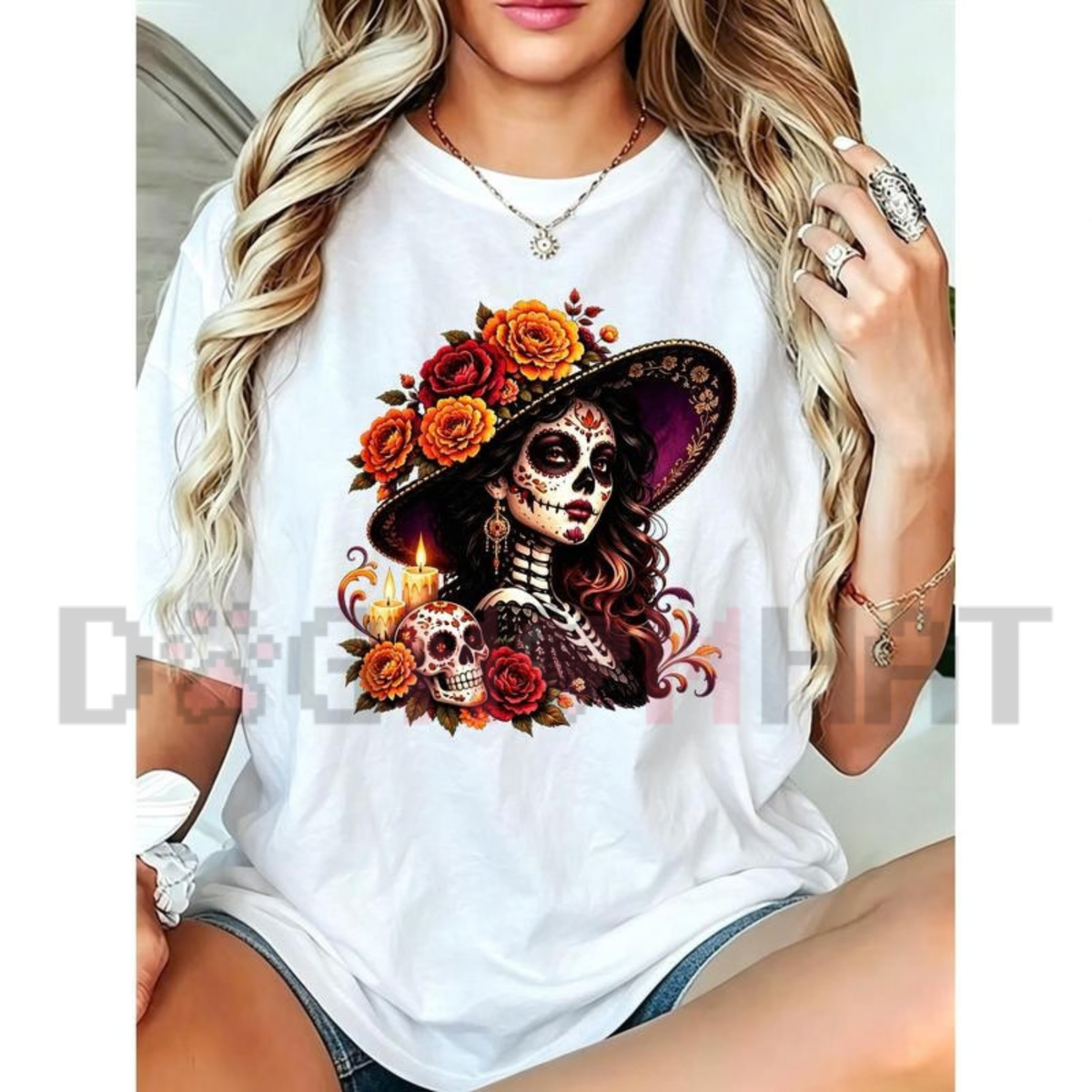 La Catrina Floral Sugar Skull Day of the Dead Graphic T-Shirt