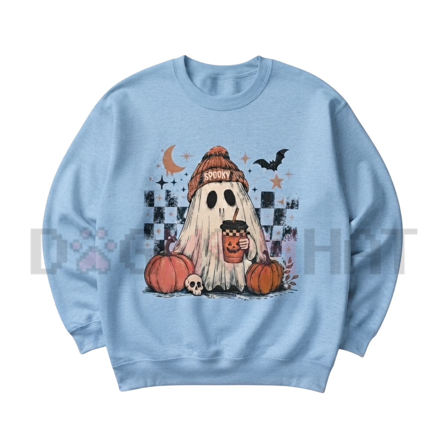 Spooky Grid Ghost Checkerboard Pullover - Cozy Retro Autumn Crewneck Sweatshirt