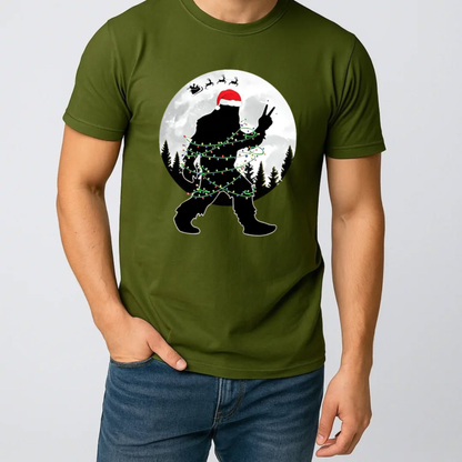 Funny Bigfoot Christmas Light Moon Forest Graphic T-Shirt