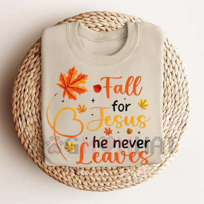 Fall For Jesus He Never Leaves T-Shirt – Autumn Christian Women's Tee