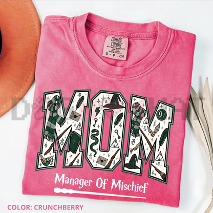 Manager Of Mischief Wizard Mom Graphic Tee - Vintage Magical Fantasy Soft Cotton Unisex Halloween Family Gift T-Shirt