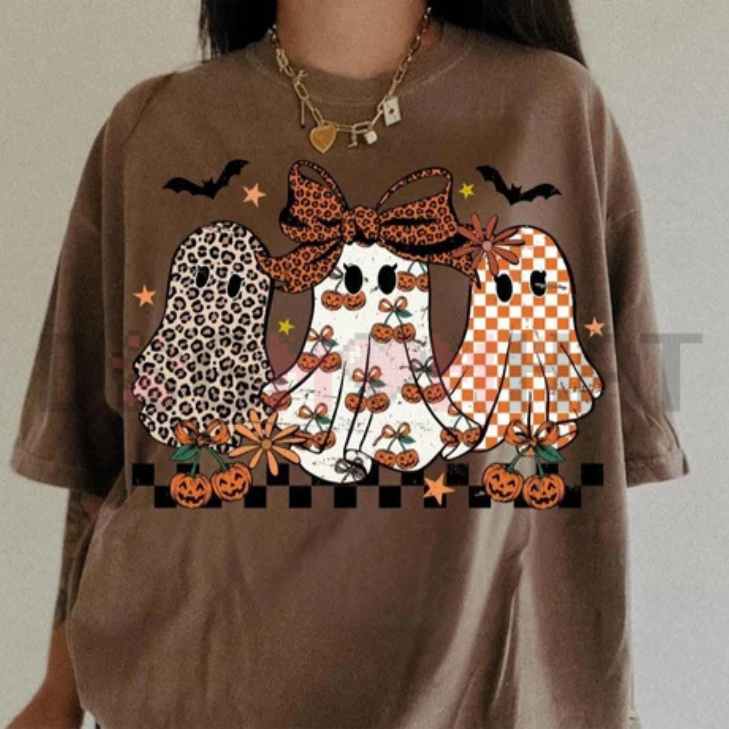 Coquette Leopard Checkered Ghost Graphic Tee - Retro Spooky Season Cute Halloween Vintage Cotton Unisex T-Shirt