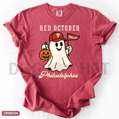 'Red October' Halloween Ghost T-Shirt – Spooky Baseball Philadelphia Tee, Phillies Fan Vintage Halloween Shirt