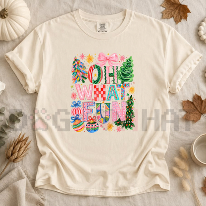 Oh What Fun Retro Pink Coquette Bow Christmas Graphic T-Shirt