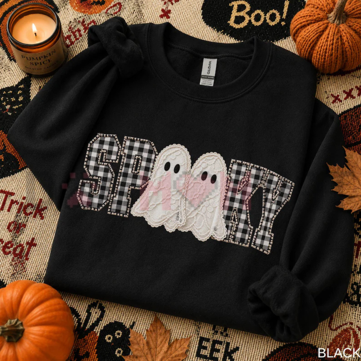 "Gingham Spooky Ghost" Cozy Fall Graphic Sweatshirt