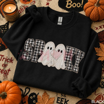 "Gingham Spooky Ghost" Cozy Fall Graphic Sweatshirt