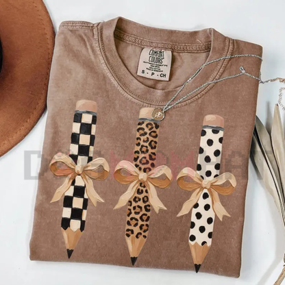 Comfort Colors Brushstroke Pencil Bow Shirt - Preppy Coquette Teacher Tee