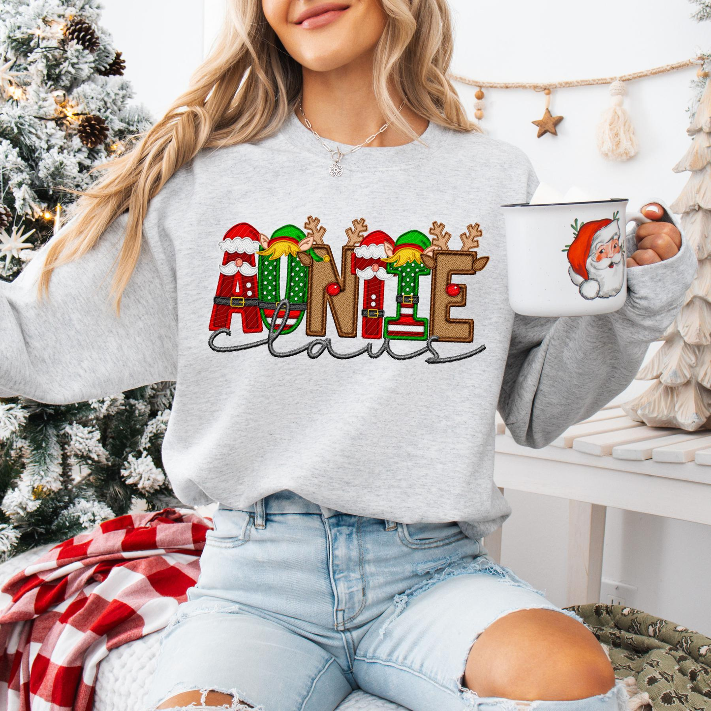 Unisex Faux Embroidery "Claus" Christmas Sweatshirt – Festive Holiday Pullover