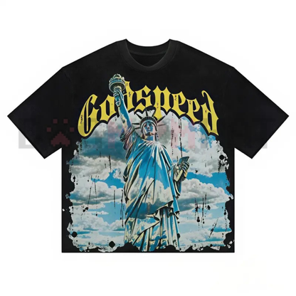 Liberty Speed Urban Oversized Heavyweight Tee - Retro Statue of Liberty Graphic Streetwear Shirt