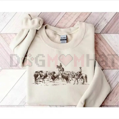 Vintage Cowboy Rodeo Sweatshirt – Retro Horse Western Crewneck, Unisex Country Lifestyle Jumper, Cowboy and Cows Graphic Pullover, Western Gift for Her & Him