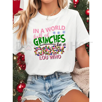 "In A World Full Of Grinches Be A Cindy Lou Who" Short Sleeve Top – Pink Letter White Christmas Party Outfit