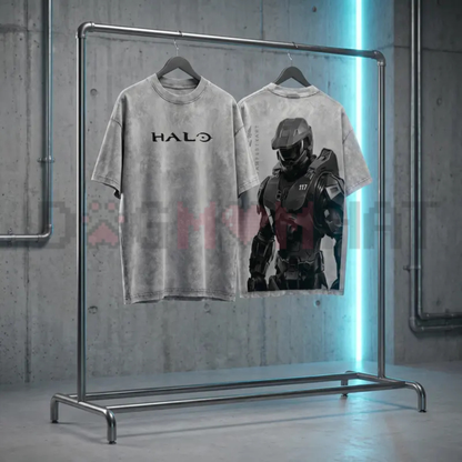 HALO Master Chief 117 Acid Wash Graphic Tee - Retro Spartan Back Print Shirt