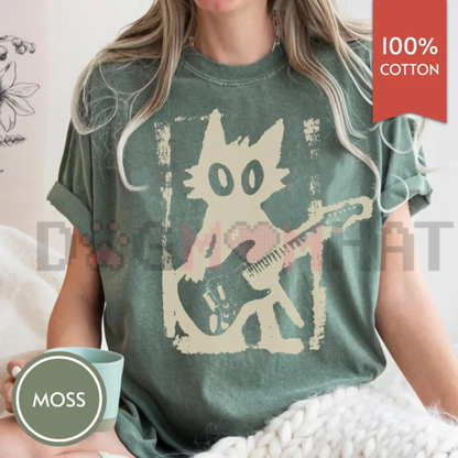 Rock Star Cat T-Shirt - Vintage Y2K Electric Guitar Kitten Tee