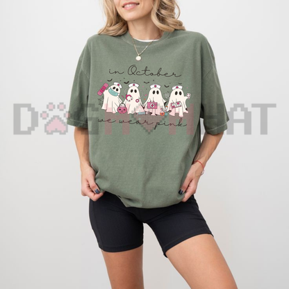 In October We Wear Pink Ghost Nurse Halloween Graphic T-Shirt