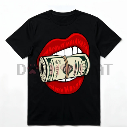 HAGBDH Bold Oversized Graphic Tee – Red Lips Biting Cash Roll, Y2K Streetwear Cotton Crewneck Top, Unisex Fall Outfit