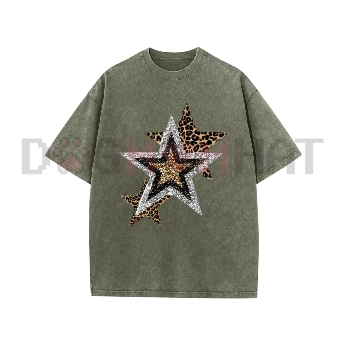 Holafish Celestial Cheetah Acid Wash Tee - Subtle Glitter Leopard Star Crew Neck Streetwear Shirt