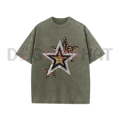 Holafish Celestial Cheetah Acid Wash Tee - Subtle Glitter Leopard Star Crew Neck Streetwear Shirt