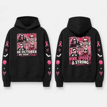 "In October We Wear Pink" Horror Spooky Ribbon Graphic Hoodie