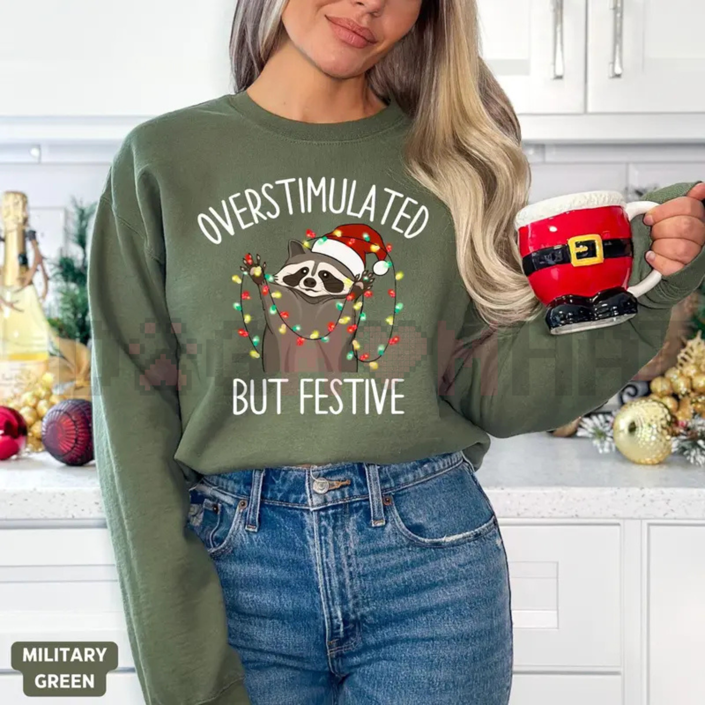 "Overstimulated But Festive" Racoon Christmas Sweatshirt