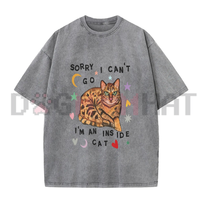 Sorry I Can't Go I'm A Home Cat Graphic Tee - Y2K Vintage Washed Coffee Brown Cotton Unisex Streetwear T-Shirt