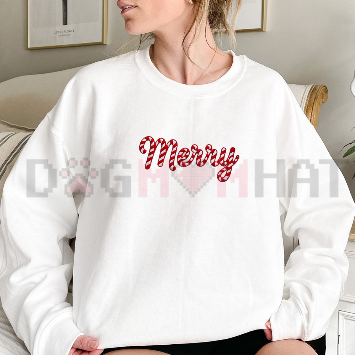 Festive Friction Sweatshirt – Embroidered-Look Merry Christmas Candy Cane Holiday Crewneck