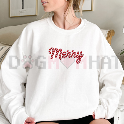Festive Friction Sweatshirt – Embroidered-Look Merry Christmas Candy Cane Holiday Crewneck