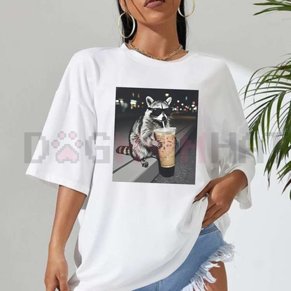 Funny Raccoon Drinking Iced Coffee Tee