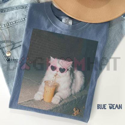 Persian Cat Iced Coffee Graphic Tee - Cute Vintage Cotton Cat Mama Unisex T-Shirt Funny Mother's Day Gift