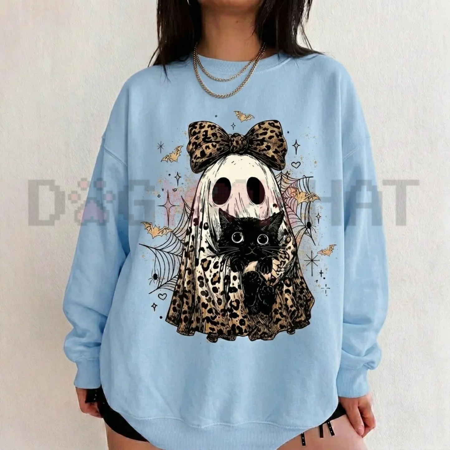 Spooky Leopard Feline Phantom Crewneck - Cute Ghost Cat Pattern Halloween Fleece Pullover Sweatshirt