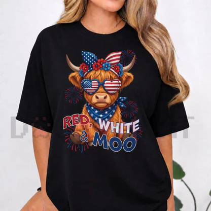 "Red White & Moo" Highland Cow Patriotic Tee