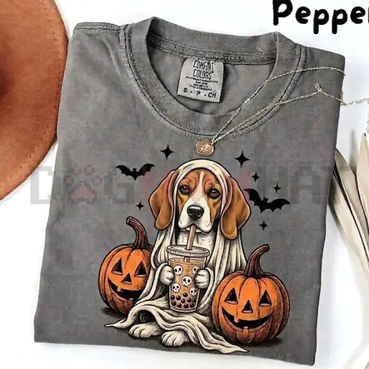 Spooky Boba Barkers Pepper Comfort Colors Tee - Cute Ghost Dog Breeds Bubble Tea Halloween Unisex Cotton Shirt