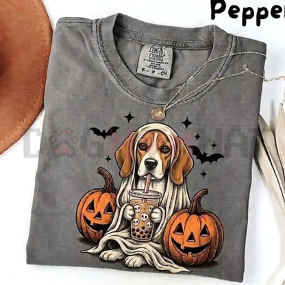 Spooky Boba Barkers Pepper Comfort Colors Tee - Cute Ghost Dog Breeds Bubble Tea Halloween Unisex Cotton Shirt