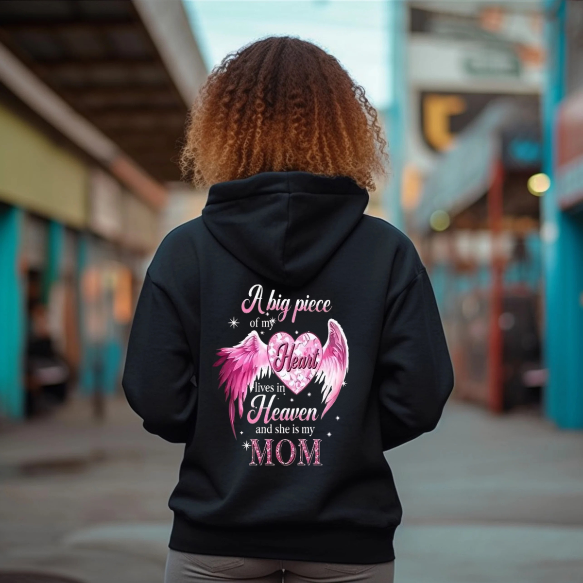 "A Big Piece Of My Heart Lives In Heaven Mom" Angel Wing Memorial Back Print Hoodie