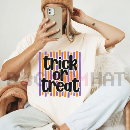 Trick or Treat Preppy Striped Words Halloween Graphic T-Shirt