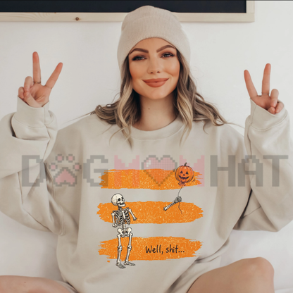 Gildan Funny Skeleton "Well Shit" Lost Balloon Sweatshirt - Gothic Sarcastic Halloween Crewneck