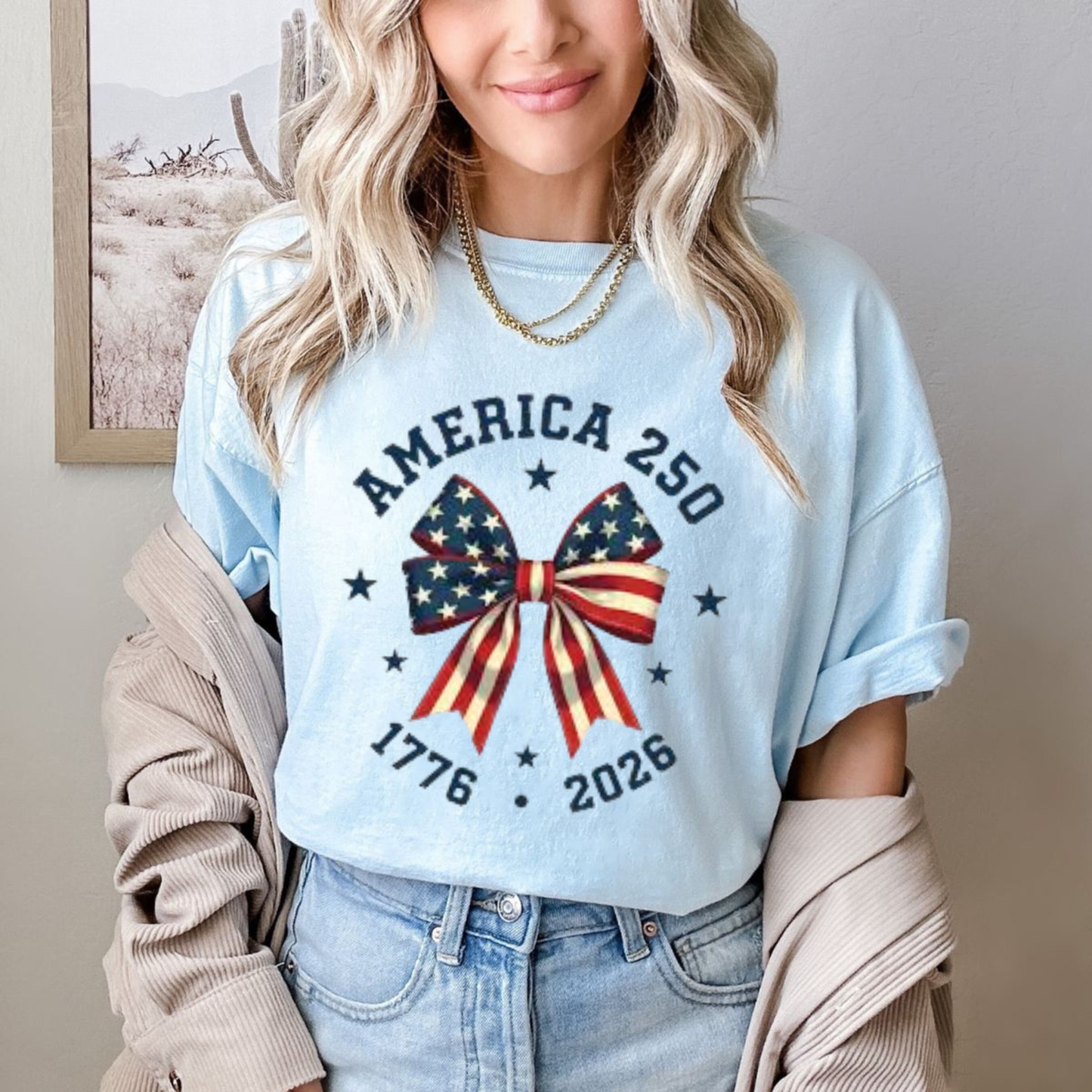 America 250 Stars and Stripes Bow T-Shirt – Coquette Patriotic Graphic Tee