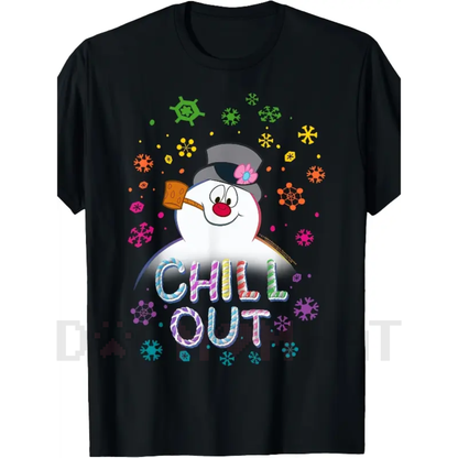 Women's Black Frosty The Snowman "CHILL OUT" T-Shirt – Vintage Snowman Graphic Summer Tee
