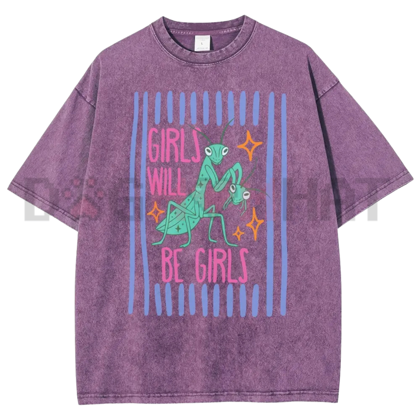 Girls Will Be Girls Mantis Cartoon Washed T-Shirt - Funny Bug Feminist Tee