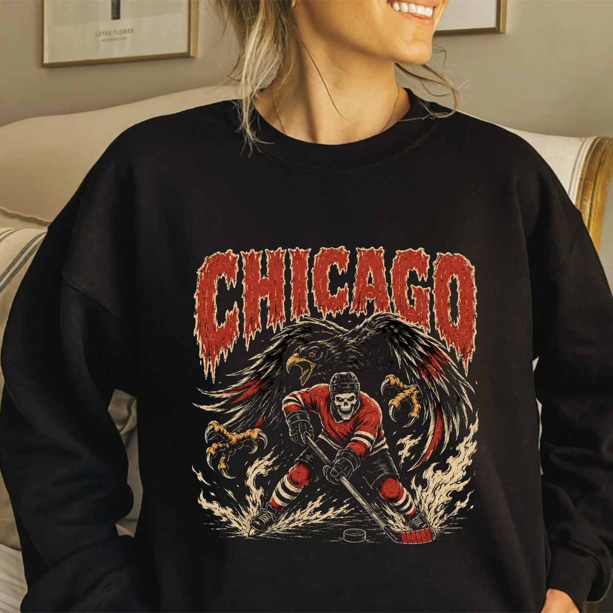 Gildan USA 32 Teams Ice Hockey Skull Vintage Sweatshirt - Classic 90s All Team Game Day Crewneck